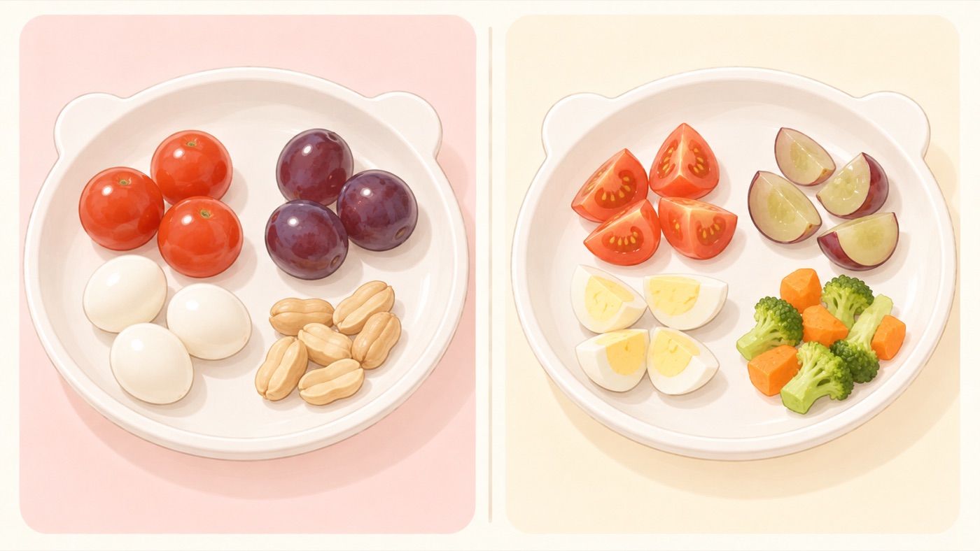 食べものの比較図。左は危険な例で、皿にまるごとのミニトマト、ぶどう、うずらの卵、ピーナッツがのっている。右は安全な例で、同じ食材が4等分に切られ、ピーナッツの代わりに小さく切ったやわらかい野菜が置かれている