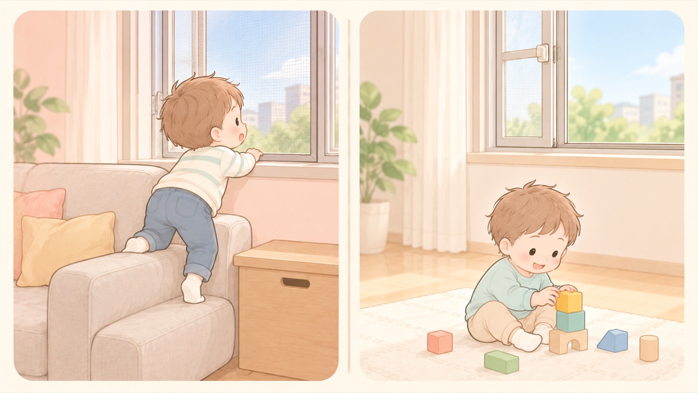 窓まわりの比較図。左は危険な例で、窓ぎわのソファによじ登った子どもが網戸だけの開いた窓から外をのぞき込んでいる。右は安全な例で、窓ぎわに何も置かれておらず、高い位置の補助錠で窓が少しだけ開いた状態に止められている
