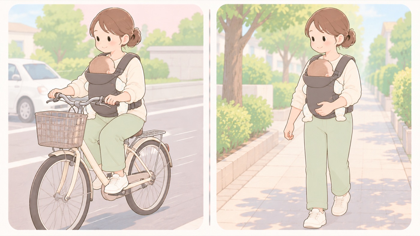 自転車での比較図。左はママが抱っこひもで赤ちゃんを抱いたまま、車道のそばを自転車で走っている。右は同じママが自転車を使わず、抱っこひもで赤ちゃんを抱いて歩道を歩いている