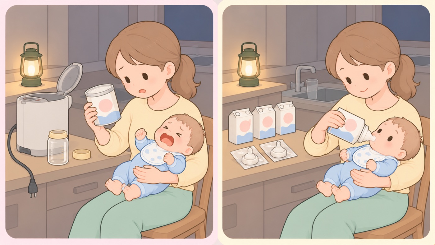 停電と断水のときにミルクを飲ませられるかの比較図。左は困る例で、薄暗い台所でランタンだけが灯り、母親が赤ちゃんを抱きながら粉ミルクの缶を持って困った顔をしている。調理台には空の哺乳瓶と、プラグの抜けた電気ポットが置かれ、流しの蛇口からは水が出ていない。赤ちゃんは泣いている。右はできる例で、同じ部屋で母親が紙パック型の液体ミルクに使い捨ての哺乳ボトルの乳首を付けて赤ちゃんに飲ませている。調理台には液体ミルクの紙パックと個包装の使い捨てボトルが並んでいて、蛇口も電気ポットも使っていない
