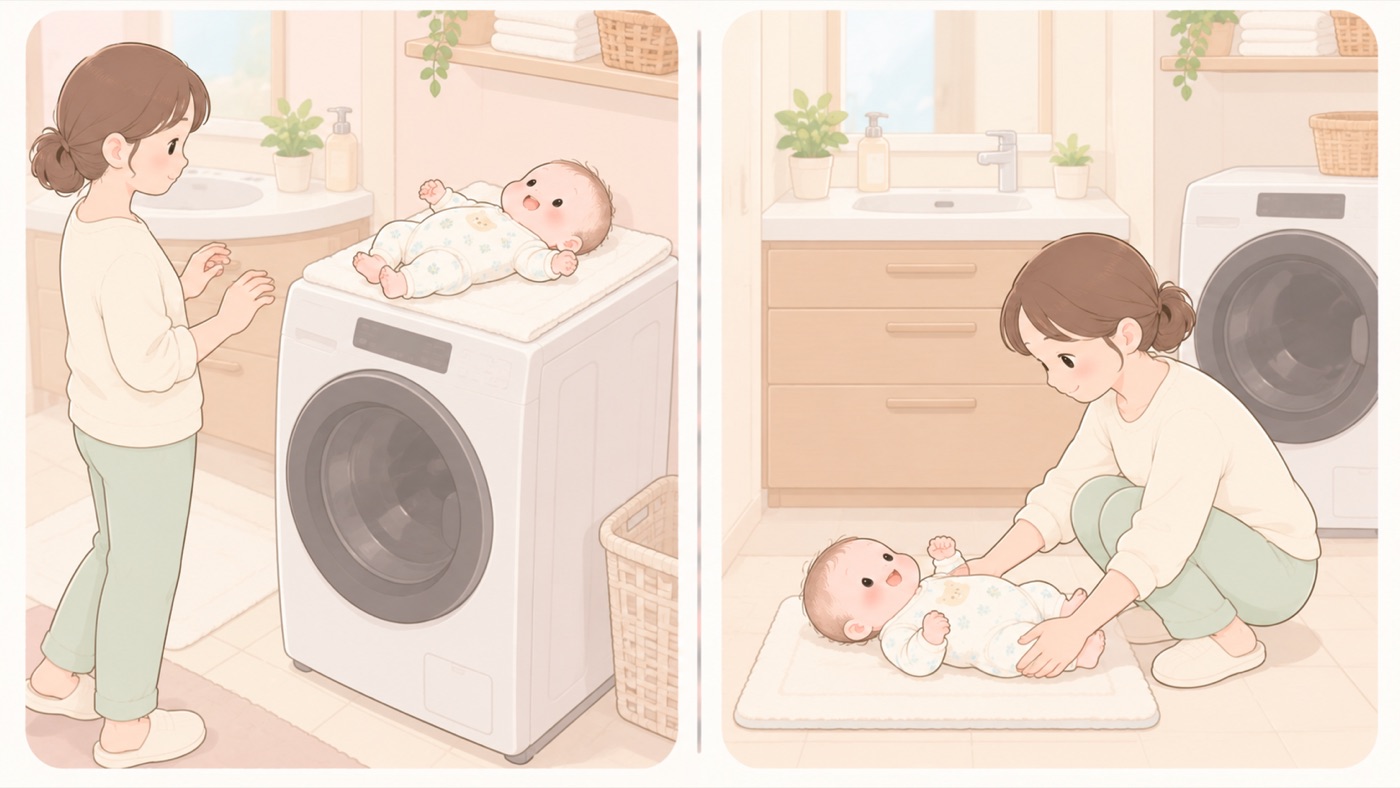 脱衣所での比較図。左はドラム式洗濯機の天面にタオルを敷いて赤ちゃんをあおむけに寝かせ、大人は手を離して離れたところに立っている。右は同じ脱衣所で、床に敷いたバスマットの上に赤ちゃんを寝かせ、大人がそばにしゃがんで手を添えている