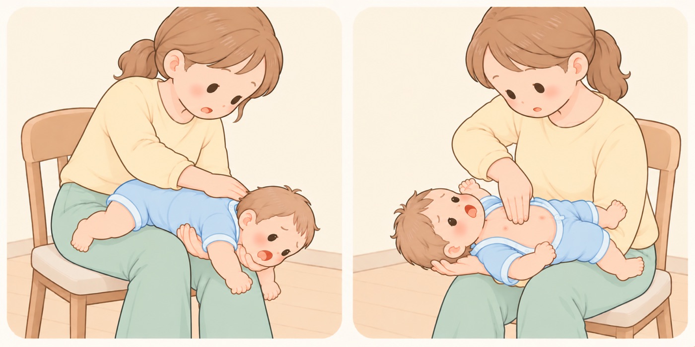 1歳未満の赤ちゃんの窒息時の応急手当。どちらの赤ちゃんも目を開き、口を開けて苦しそうにしている。左は背部叩打法で、片腕にうつぶせに乗せて手で下あごを支え、腕を傾けて頭を体より低くし、もう一方の手を背中につけて左右の肩甲骨のあいだを叩いている。右は胸部突き上げ法で、あおむけに乗せて頭を低くし、肌着を開いて胸を出し、片手を、左右の乳頭のちょうど真ん中に当てて押している。手の左右どちらにも乳頭が見えている
