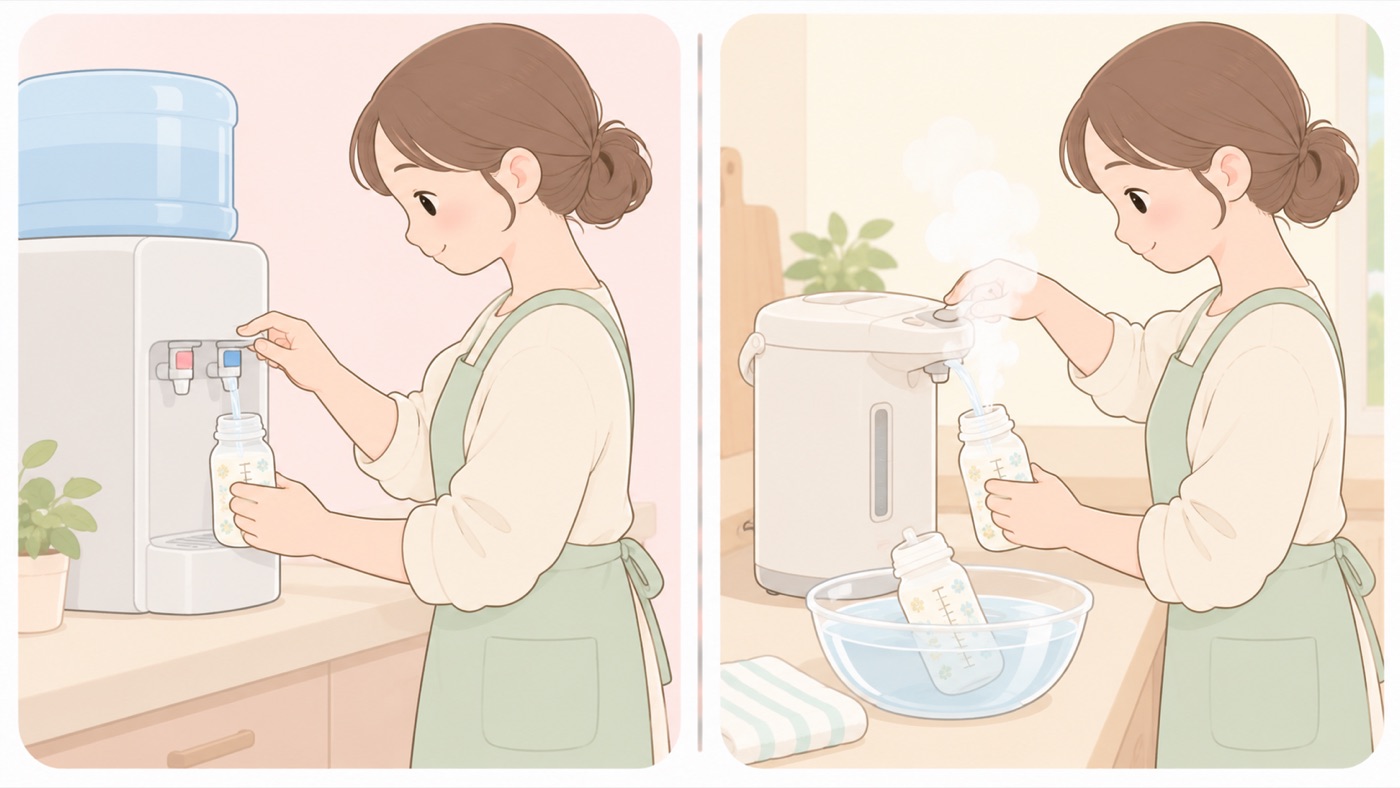 調乳の比較図。左はウォーターサーバーから哺乳びんに直接お湯を注いでいて、湯気が立っていない。右は調乳用の電気ポットから湯気の立つ熱い湯を注いでいて、手前には水を張ったボウルに哺乳びんをつけて冷ましている