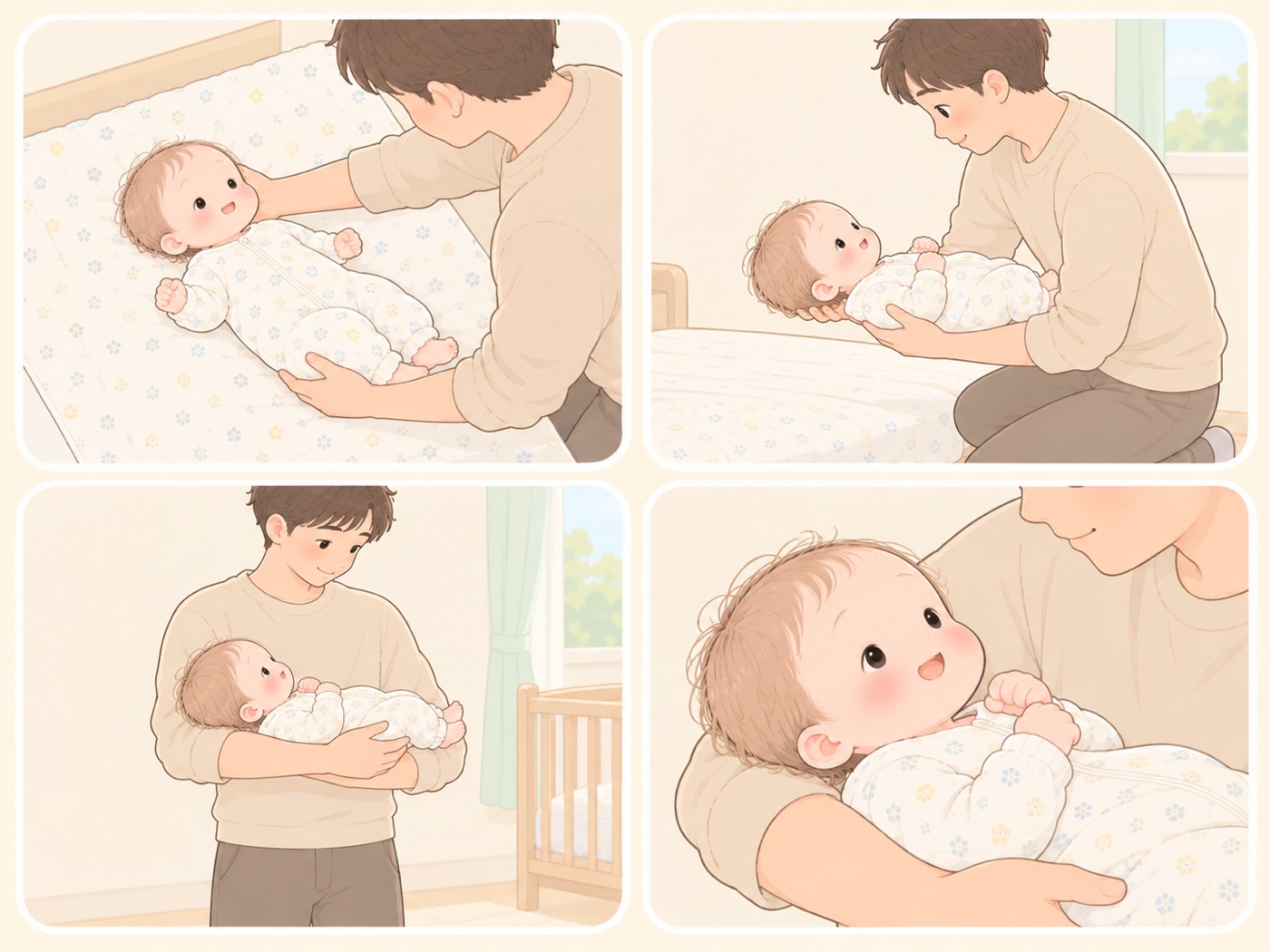 首がすわっていない赤ちゃんの横抱きの4ステップ。1.あおむけの赤ちゃんの首の下とおしりの下に手を差し入れる、2.両手で支えたまま胸の高さまで持ち上げる、3.頭をひじの内側へ移し、前腕で背中を、もう片方の手でおしりを支えた完成形、4.赤ちゃんの顔まわりの拡大図で、あごと胸のあいだにすきまがあり頭が体より少し高い状態