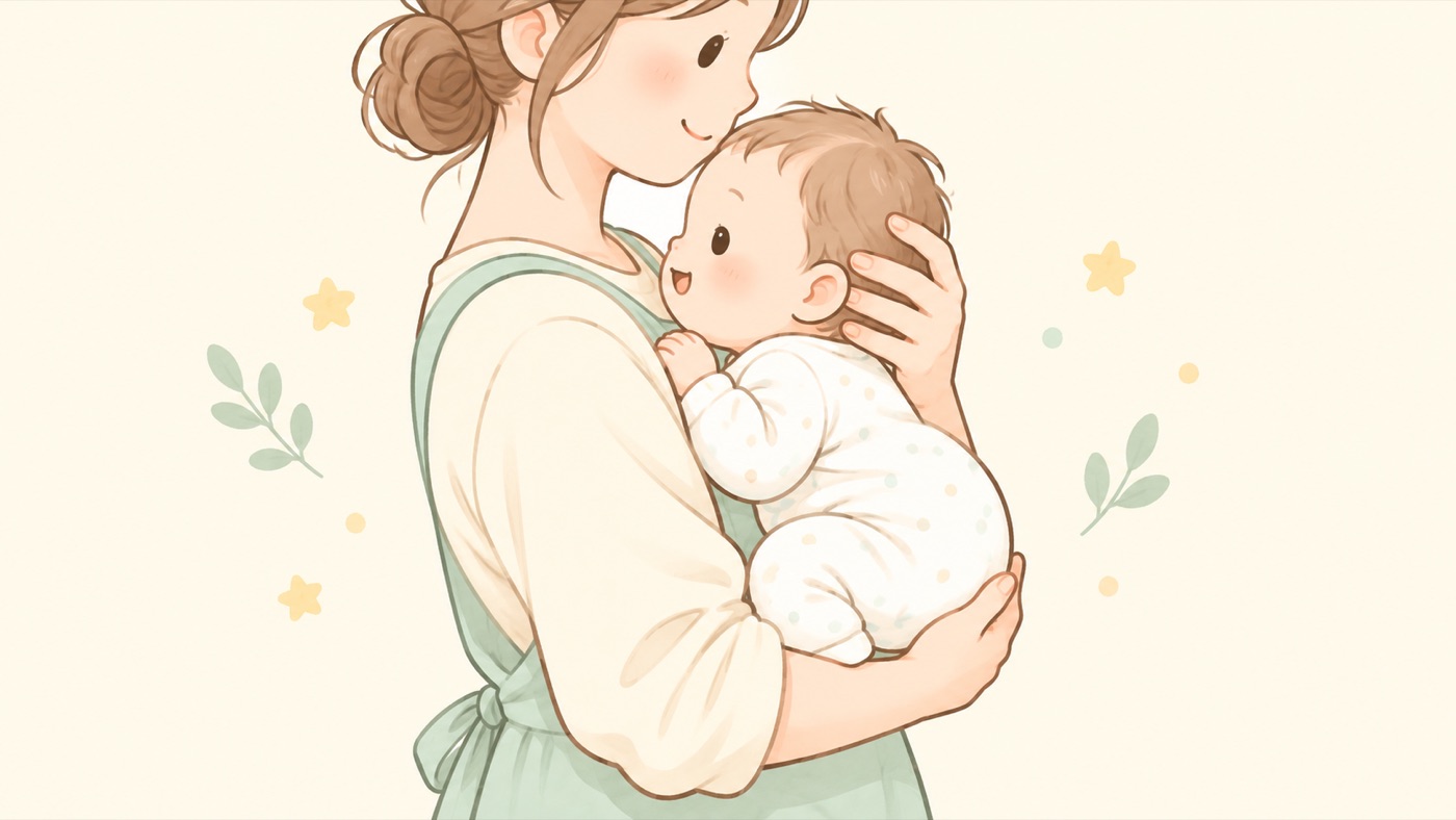 首がすわっていない赤ちゃんのたて抱き。片手で頭と首の後ろを支え、もう片方の手でおしりを支えて、肩にもたれさせる抱き方