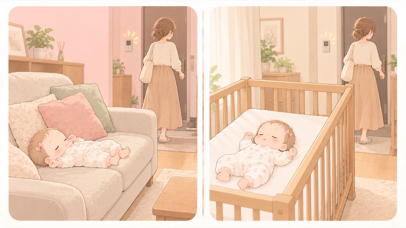 目を離すときの比較図。左は危険な例で、ソファの座面に赤ちゃんを寝かせ、横にクッションが積まれたまま母親が玄関へ向かっている。右は安全な例で、柵を上まで上げたベビーベッドにあおむけで寝かせ、まわりに何も置かずに母親が玄関へ向かっている