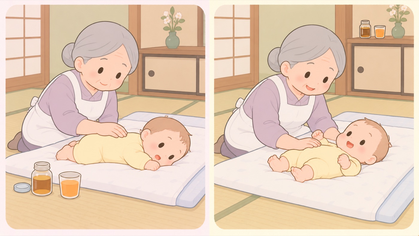 昔教わった寝かせ方と、いまの指針の比較図。左は昔の常識で、和室の布団の上で祖母が赤ちゃんをうつぶせに寝かせていて、畳の上にふたの開いた琥珀色の液体の瓶とオレンジ色の飲みもののコップが赤ちゃんの手の届く近さに置かれている。右はいまの指針で、同じ祖母が同じ赤ちゃんをあおむけに寝かせていて、瓶とコップは離れた棚の上に移されており、布団のまわりには何も置かれていない