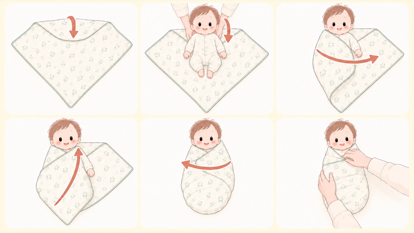 おくるみの基本巻きの6ステップ。布を動かす向きは矢印で示している。1.ブランケットをひし形に広げ、上の角を中心に向けて下へ折る、2.大人が両手で頭と背中を支えて、折り目に肩が重なる位置に仰向けに寝かせる、3.片腕を体に沿わせ、その側の布を胸の上を横切らせて反対側の体の下へ入れる、4.足元の角を持ち上げ、先端を3でかぶせた側の肩まで斜めに運んで、肩の後ろの折り目に差し込む。下半身が布で覆われる、5.4の布を覆ったまま、もう片方の腕を沿わせて反対側の布を胸の上に巻き、端を体の下へ入れる、6.胸元に指が2〜3本入るゆとりを確かめた完成形