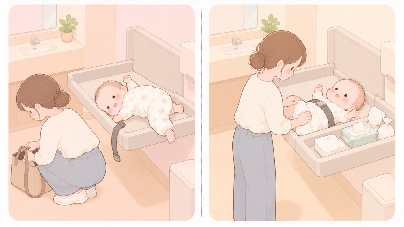 外出先のおむつ交換台の比較図。左は折りたたみ式の交換台に赤ちゃんが寝かされ、備え付けのベルトが締められずに台の横に垂れていて、ママは台に背を向けて足元のかばんを探っており、赤ちゃんが台の縁から頭と腕をはみ出させている。右は同じ交換台で、おむつ・おしりふき・ごみ袋が台のすぐ横にそろえて置かれ、ベルトが赤ちゃんのおなかに締められ、ママが両手を赤ちゃんに添えている
