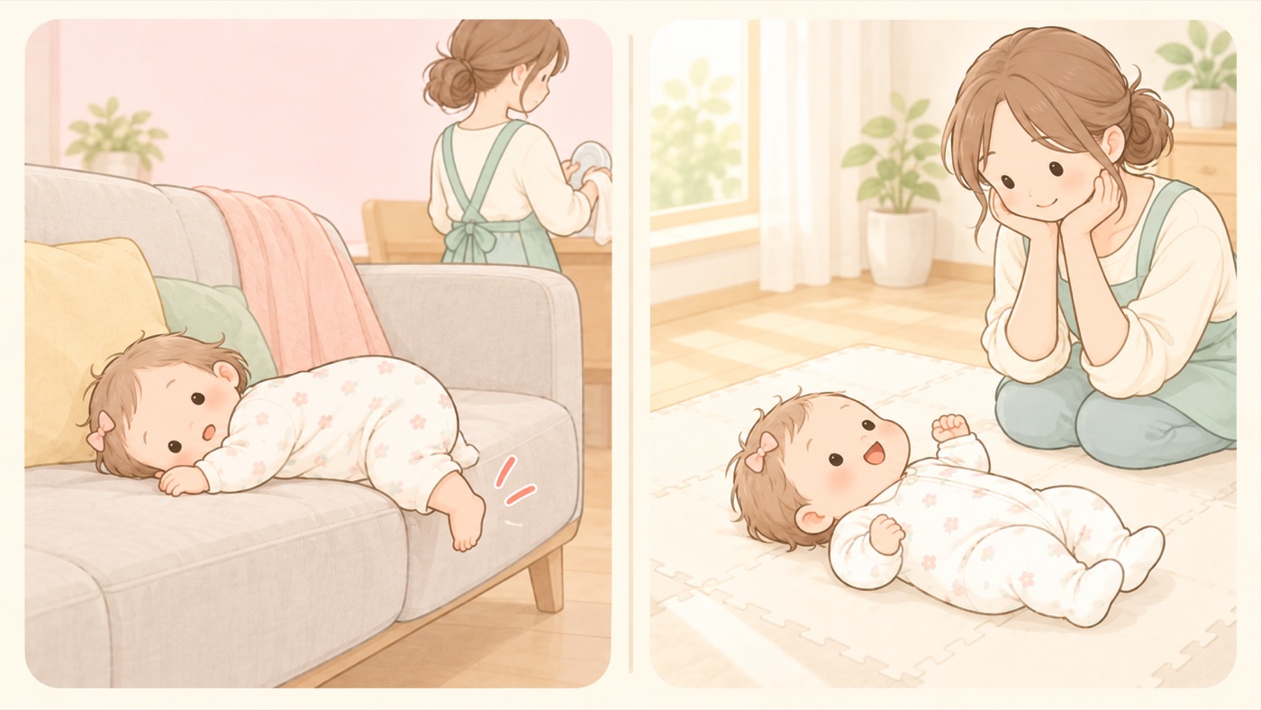 ソファと床の比較図。左は危険な例で、ソファに寝かされた赤ちゃんが寝返りをして縁から落ちそうになっている。右は安全な例で、床のプレイマットにあおむけで寝かされ、まわりに何も置かれていない