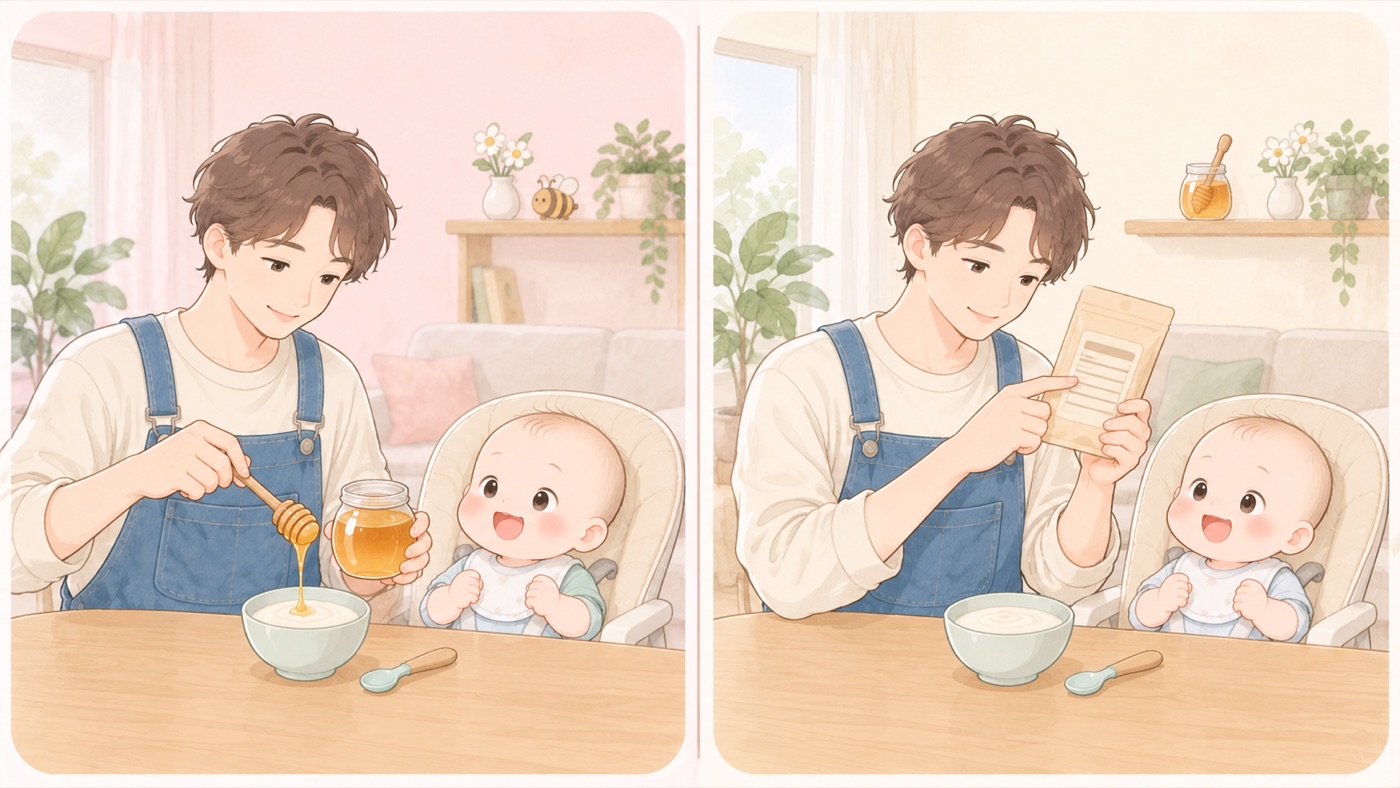 はちみつの扱いの比較図。左は大人が、赤ちゃんの離乳食の器に入ったなめらかなおかゆへ、木のディッパーを添えたガラス瓶からとろりとした琥珀色のはちみつを垂らして混ぜ入れようとしている。赤ちゃんは背もたれを倒したベビーチェアに座ってそれを見ている。右は同じ大人が、食品のパッケージの裏側を目の高さに持ち上げ、原材料名の欄を指でたどって確かめていて、おかゆの器にははちみつが入っておらず、はちみつの瓶は離れた棚の上にある