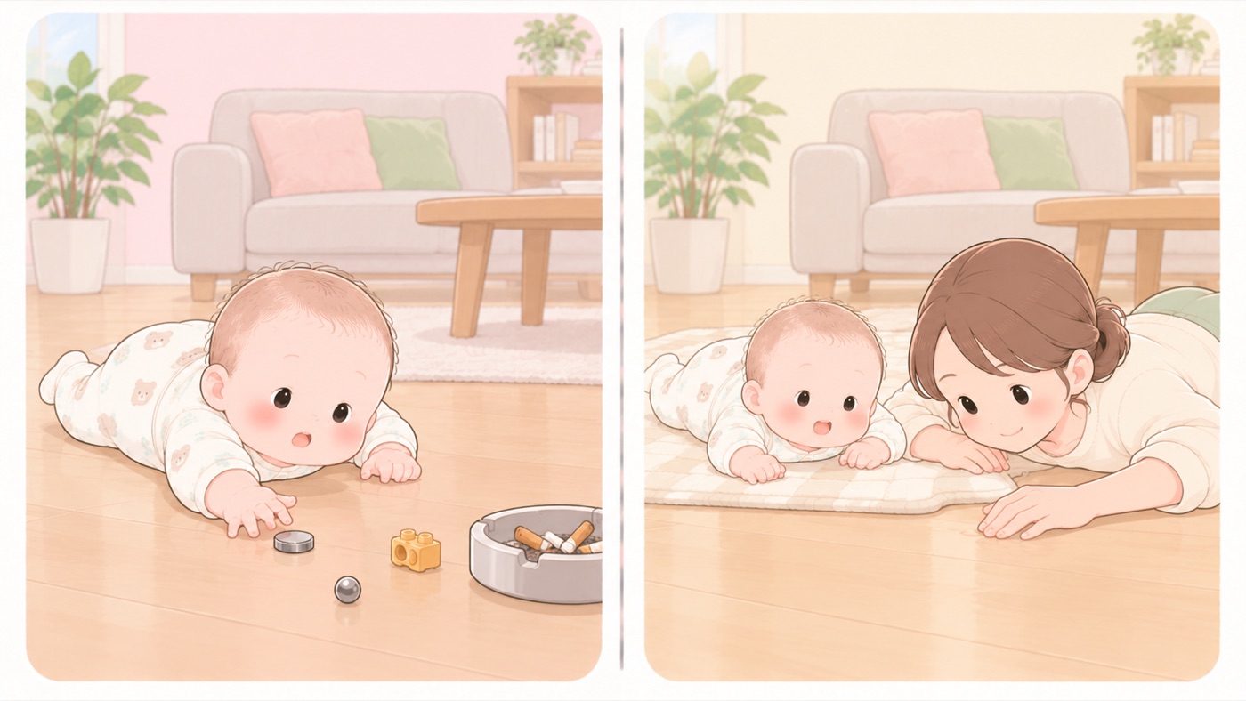 床の点検の比較図。左はリビングの床でうつ伏せの赤ちゃんがボタン電池に手を伸ばしていて、そばに球形の磁石、吸い殻の入った灰皿、小さなおもちゃの部品が落ちている。右は同じリビングで、大人が床に腹ばいになって赤ちゃんと同じ目線の高さから床を見渡していて、床には何も落ちていない