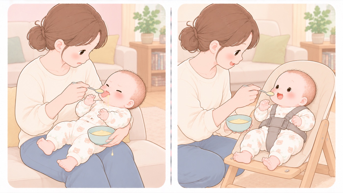 離乳食を始める準備の比較図。左は首がすわっていない赤ちゃんが大人のひざの上であおむけに近い姿勢のまま、スプーンを口に入れられて舌で押し返していて、口の端からとろみのあるものがこぼれている。右は背もたれを倒したいすに寄りかかって上体を起こした赤ちゃんが、大人の持つスプーンのほうへ自分から身を乗り出し、口を開けている