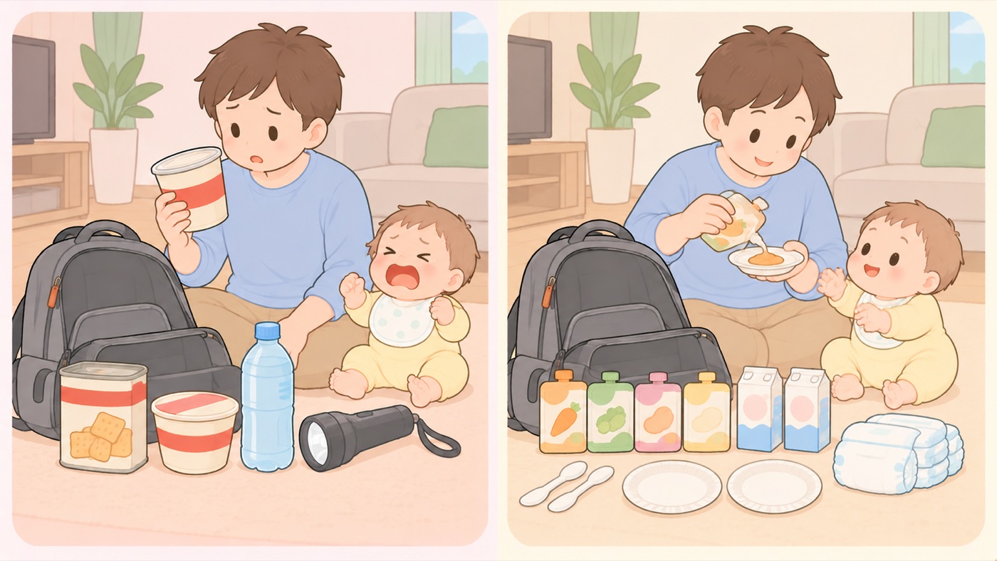 非常持ち出し袋の中身が9か月の赤ちゃんに合っているかの比較図。左は合っていない例で、床に開いたリュックから出してあるのは乾パンの缶、カップめん、ペットボトルの水、懐中電灯といった大人用のものばかり。父親がカップめんを持って困った顔をし、おすわりした赤ちゃんは泣いている。右は合っている例で、同じリュックからパウチ型のレトルト離乳食、使い捨てスプーン、紙皿、紙パックの液体ミルク、紙おむつが出してあり、父親が片手でパウチの離乳食を、もう片方の手で持った紙皿に出していて、赤ちゃんはそちらへ手を伸ばしている