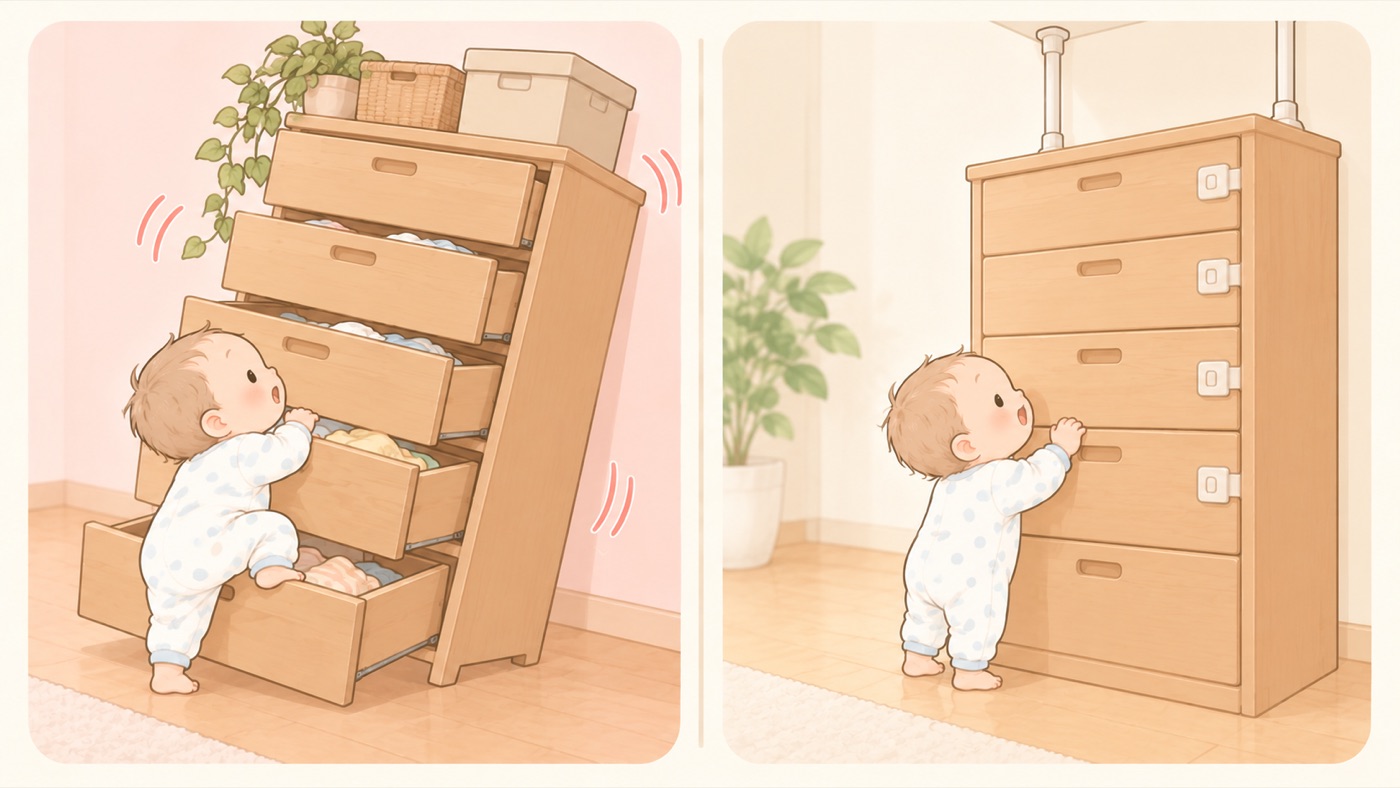家具の比較図。左は危険な例で、固定されていないチェストの引き出しが階段のように開き、つかまり立ちした赤ちゃんの側へ本体が傾いている。右は安全な例で、突っ張り棒で天井に固定され、引き出しにロックが付き、上には何も載っていない