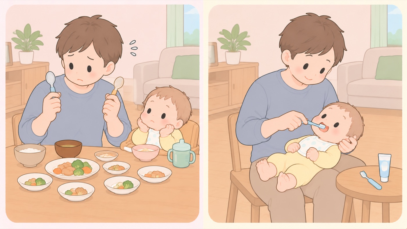 むし歯を防ぐために、どこに手をかけるかの比較図。左は労力の向け先がずれている例で、父親が自分用と子ども用のスプーンを左右の手に1本ずつ持って見比べていて、食卓には取り分け用の小皿が何枚も並び、子どもは待たされて退屈そうにしている。右は効くほうに手をかけている例で、同じ父親が子どもをひざの上にあおむけに寝かせ、頭を支えながら仕上げみがきをしていて、そばに子ども用の歯ブラシと小さなチューブが置いてある