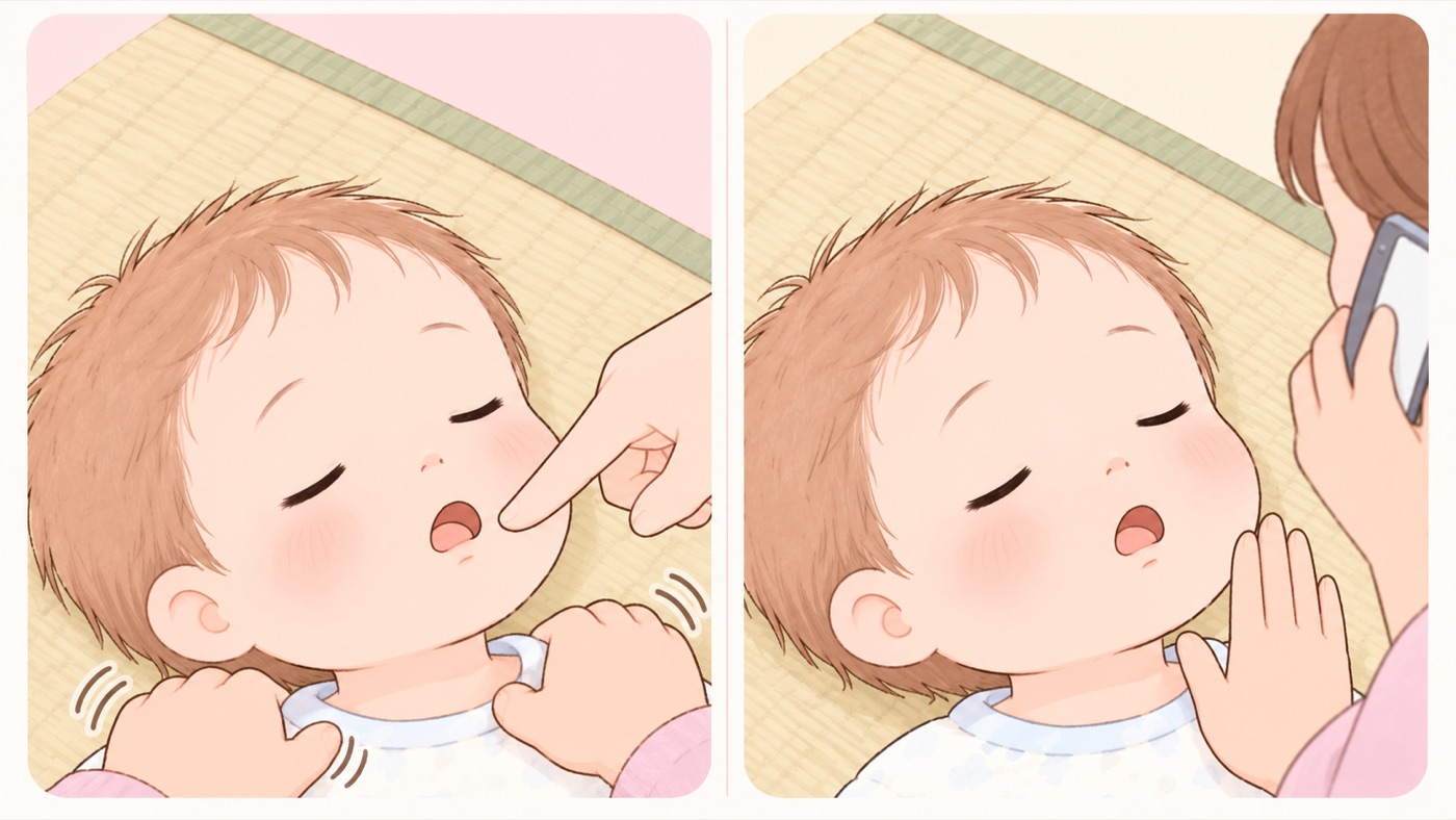 けいれんを起こした子どもへの、大人の手の比較図。どちらのコマも、畳の上に寝た1歳くらいの子どもを頭と肩まで寄りで描いていて、胸から下は画面に入っていない。子どもは目を閉じ、口を小さく開けている。左は危険な例で、大人の両手が子どもの両肩を上からつかんで揺さぶっていて、手のまわりに揺れの線があり、さらに別の手の人差し指が子どもの口に入ろうとしている。右は安全な例で、大人の手は子どもに触れず、手のひらを子どものほうに向けて頬の横で止まっていて、もう一方の手はスマートフォンを耳に当てている
