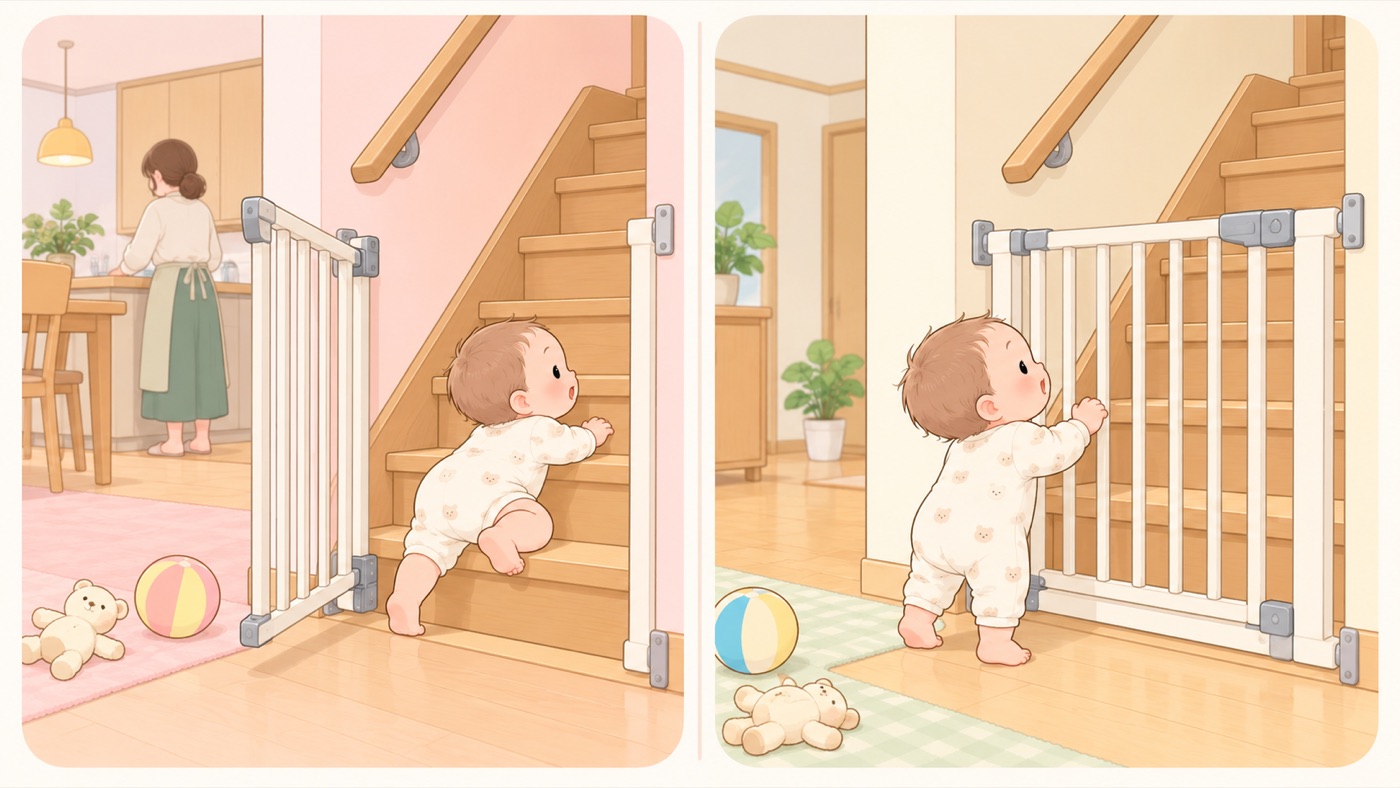 階段のゲートの比較図。左は階段の下のゲートの扉が開いたままで、赤ちゃんがはいはいで階段を2〜3段上り、上の段に手をかけている。大人は離れた台所で背を向けて洗い物をしている。右は同じ階段で、ゲートが閉まってロックされており、赤ちゃんは手前の床でゲートにつかまり立ちをしているが、階段には入れていない