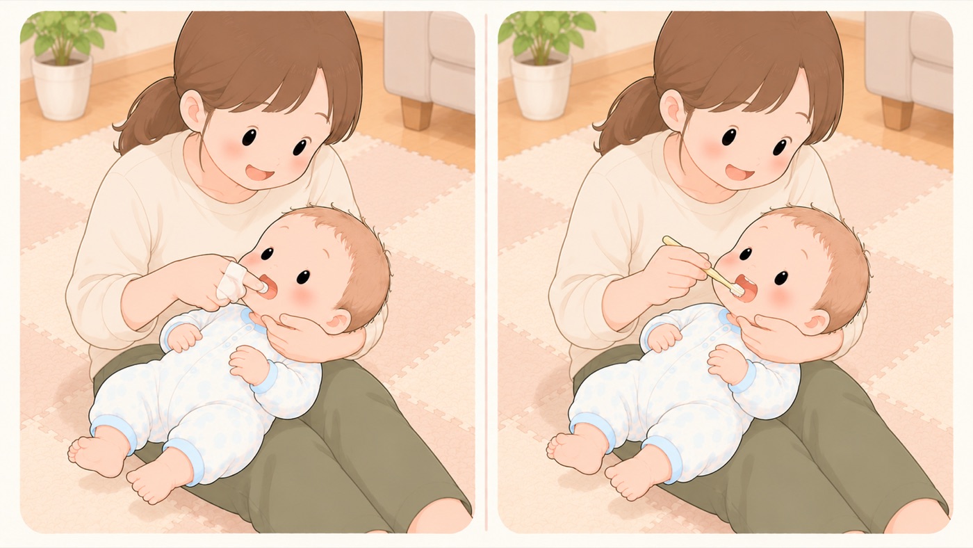 歯のケアの手順図。左は、大人のひざに赤ちゃんをあお向けに寝かせ、指に巻いたガーゼで歯をふいている。右は、同じ姿勢で、柄の長い仕上げみがき用の歯ブラシを鉛筆を持つ持ち方で当てている