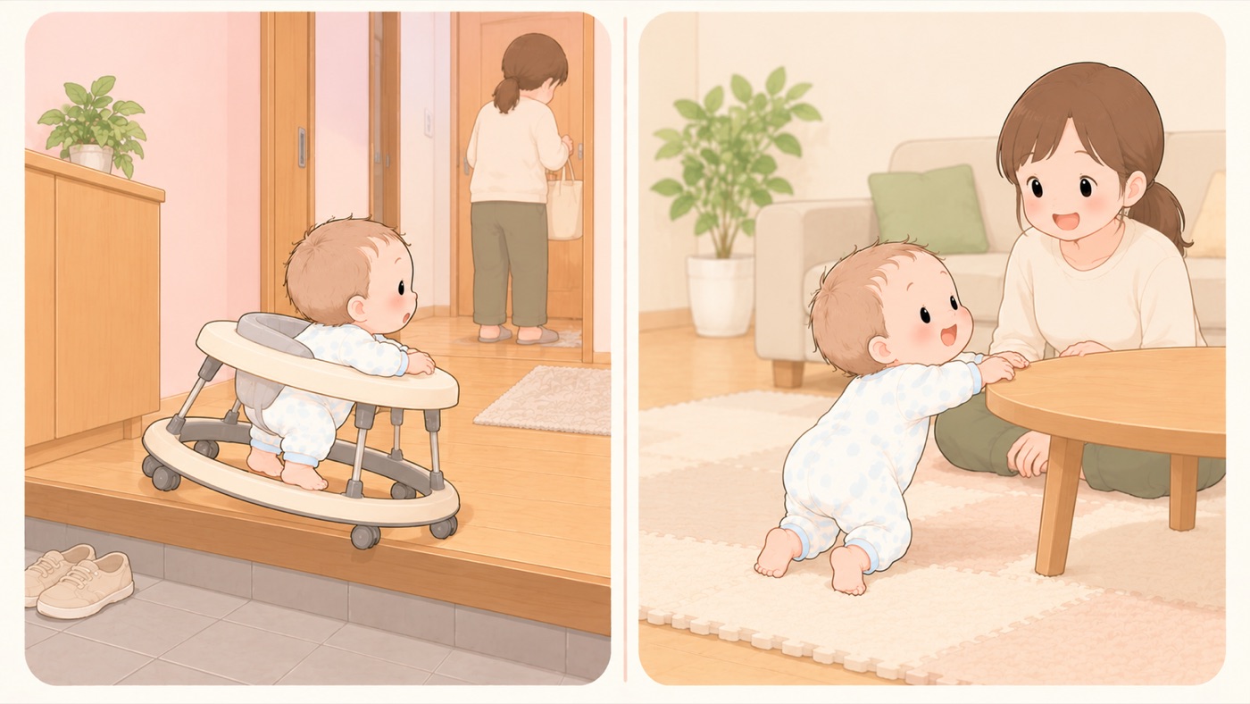 歩行器の比較図。左は危険な例で、赤ちゃんを乗せた歩行器の前輪が玄関の上がりかまちの縁にかかって前のめりになっており、奥では大人が後ろを向いている。右は安全な例で、歩行器を使わず、赤ちゃんがプレイマットの上でローテーブルにつかまり立ちをし、大人が床に座って見守っている