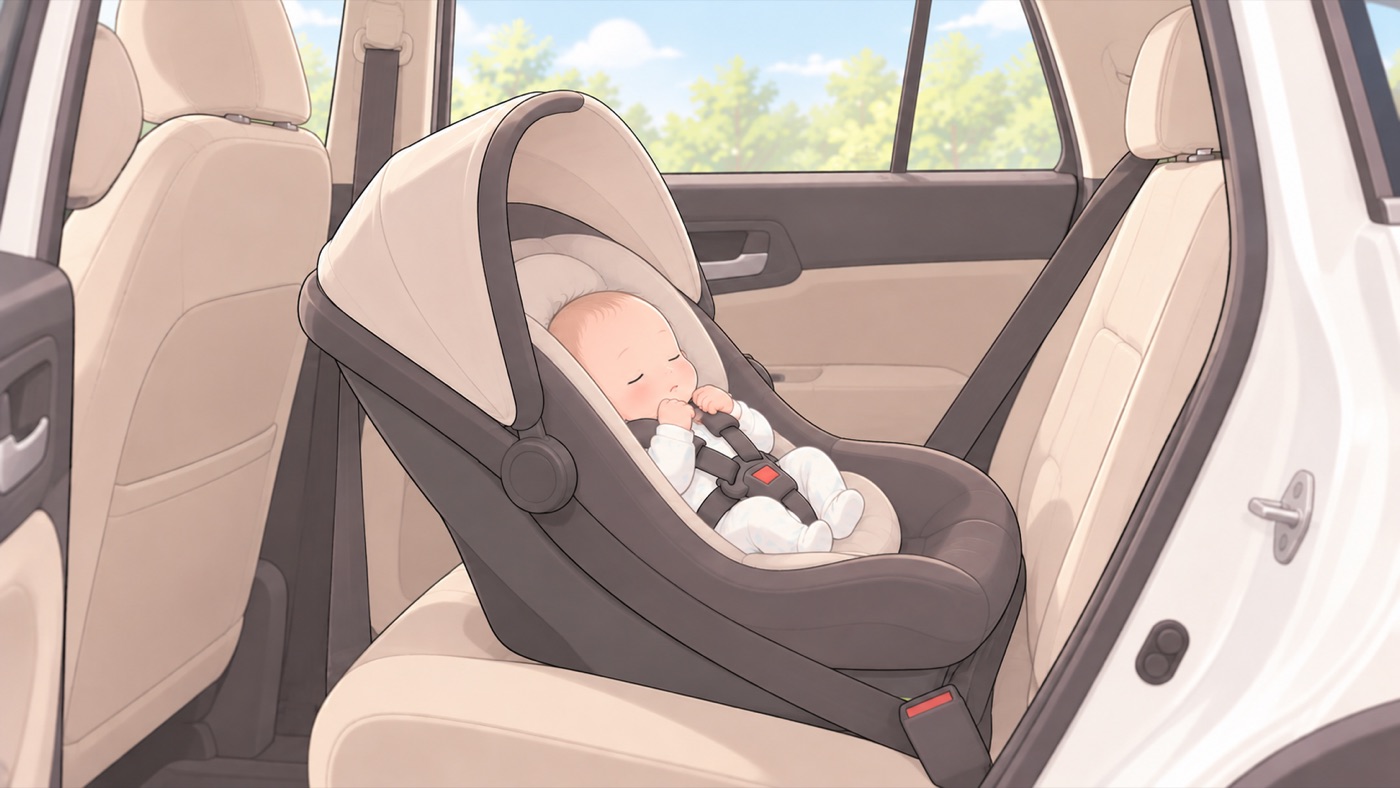 車の後部座席に、後ろ向きの乳児用チャイルドシートが取り付けられ、生まれたばかりの赤ちゃんが寝かされている場面。チャイルドシートの殻の背が車の前方を向き、赤ちゃんの顔は車の後方を向いている。背もたれは水平面に対しておよそ45度に倒してあり、赤ちゃんは背中とお尻の全体をシートに預け、頭が深く支えられていて、胸のベルトが留まっている。奥には前席の背もたれが見えている