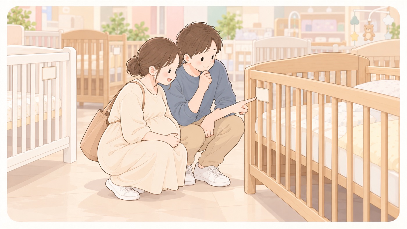 ベビー用品売り場で、おなかの大きい女性とパートナーの男性が、展示されているベビーベッドの側面に貼られた小さな長方形のラベルを、二人でかがみこんでのぞき込んでいる場面。男性が指でラベルを指し示し、女性が横からのぞき込んでいる。まわりには別のベビーベッドが並んでいる