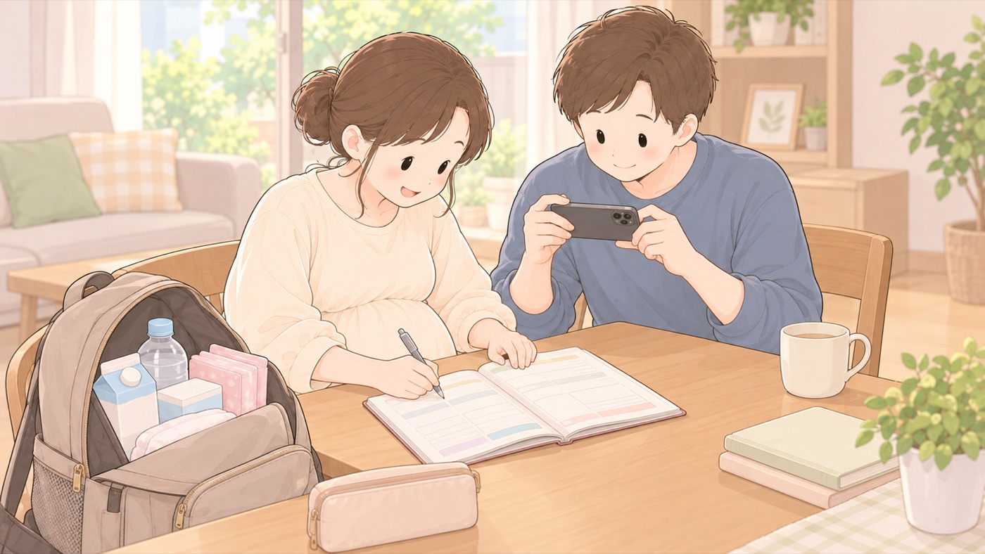 食卓で、おなかの大きい女性と、その隣に座るパートナーの男性が、開いた母子健康手帳の見開きを一緒にのぞき込み、女性がペンで記入欄に書き込んでいる場面。テーブルの左手の椅子には、口の開いたリュックサックが置かれ、中に紙パック型の液体ミルク、ペットボトルの水、常備薬の箱、生理用品の袋が入っている。男性はスマートフォンで手帳の見開きを撮影している