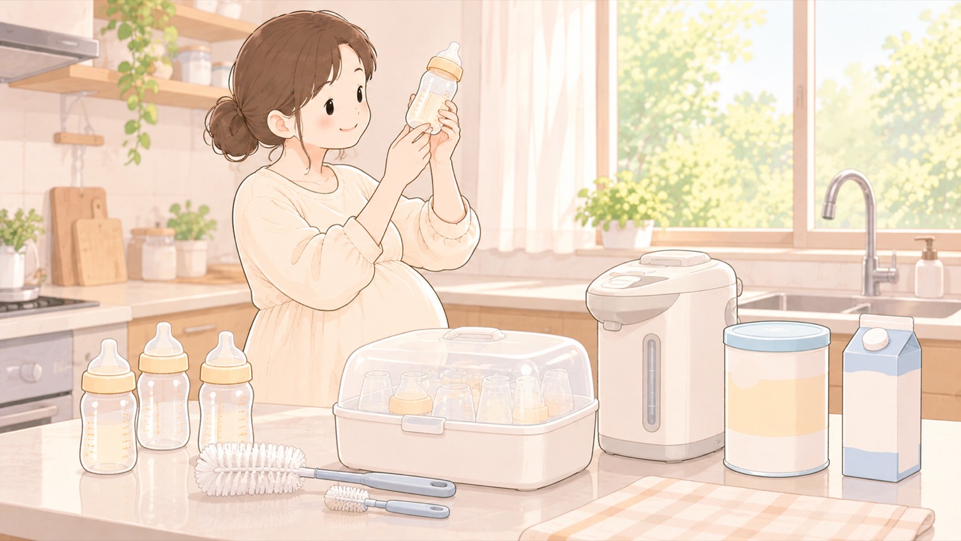 台所の調理台に、ミルクの道具が並べて置かれている場面。手前から、哺乳びんが数本、細長いびん用ブラシと小さな乳首用ブラシ、ふた付きの消毒ケース、電気ポット、粉ミルクの缶、紙パック型の液体ミルクが並んでいる。奥で母親が哺乳びんを一本手に取り、明るい窓にかざして中を見ている
