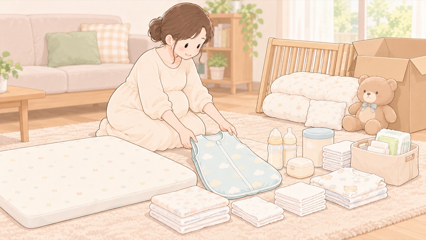 リビングの床に、これから生まれる赤ちゃんのために買いそろえた品が並べられていて、おなかの大きい女性がその前にしゃがんで整理している場面。手前には使う予定の品として、平らな敷きマット、袖のないスリーパー、哺乳びんが置かれている。奥には、いまは使わない品として、ベッドの柵、小さな枕、大きなくまのぬいぐるみ、厚い掛け布団がひとまとめにして箱の横に置かれている