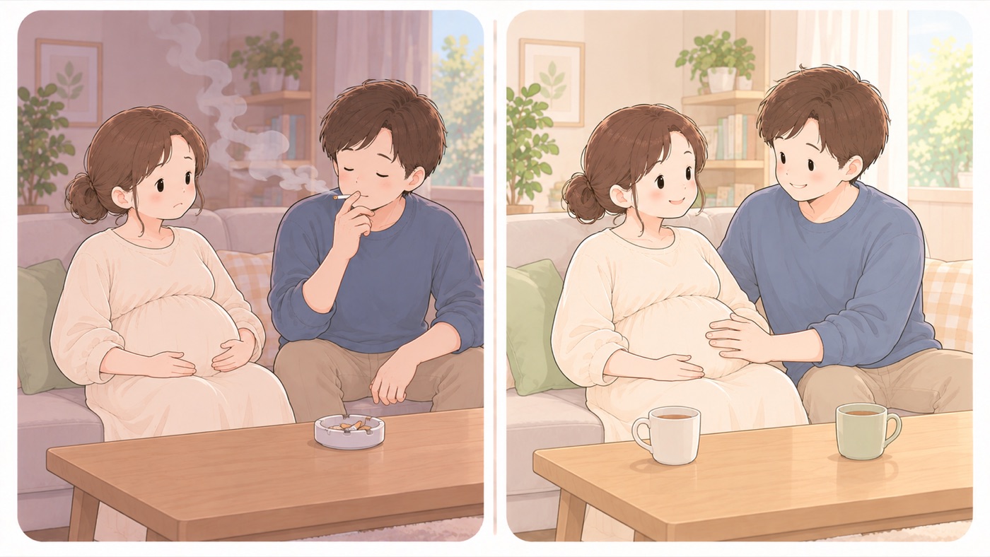 リビングの比較図。左は危険な例で、ソファにおなかの大きい女性が座り、その隣で男性がたばこを吸っていて、煙が女性のほうへ流れている。テーブルの上には吸い殻の入った灰皿が置かれている。右は安全な例で、同じソファに同じ二人が座り、たばこも灰皿もなく、テーブルの上にはお茶の入ったカップが二つ置かれている。男性は女性のおなかに手を当てている