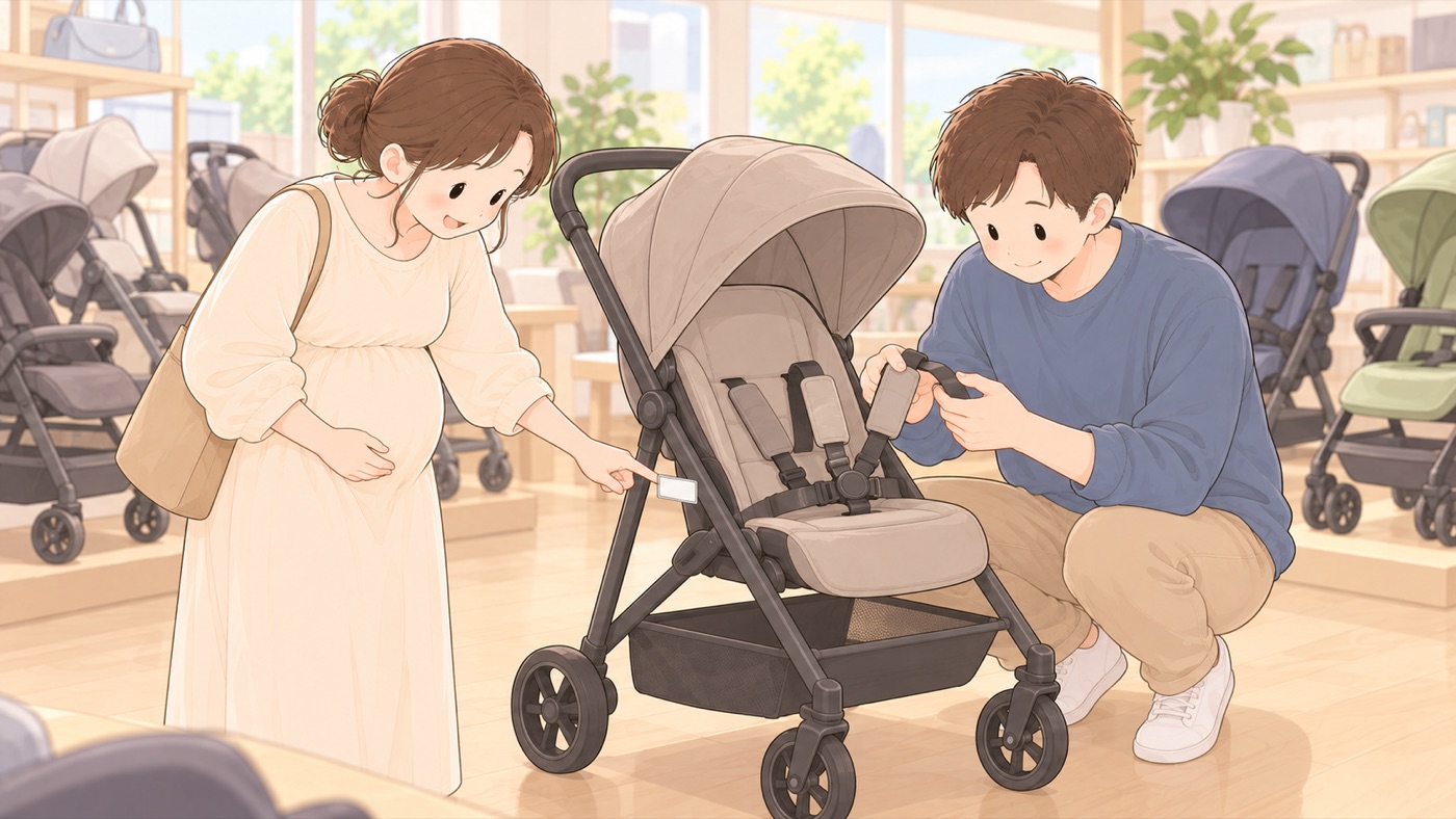 ベビー用品売り場で、おなかの大きい女性が、展示されたベビーカーのフレームに貼られた小さな長方形のラベルを指さして確かめていて、隣でパートナーの男性がベビーカーのシートベルトを手に取って、長さを確かめている場面。奥にはほかのベビーカーが並んでいる