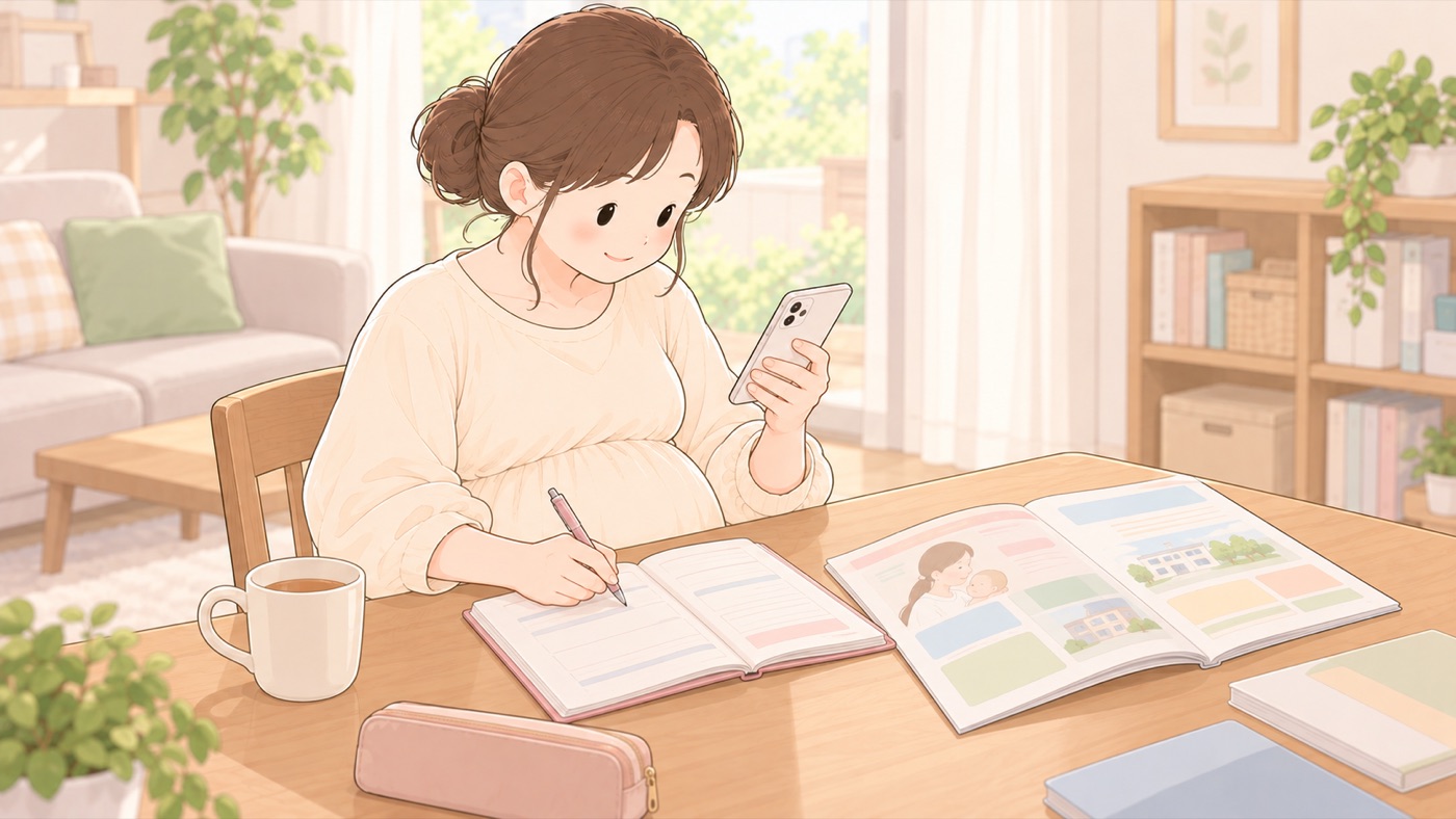 明るい部屋の机で、おなかの大きい女性が母子健康手帳の連絡先の記入欄にペンで書き込んでいる場面。机の上には開いた自治体のパンフレットが置かれ、女性はもう一方の手でスマートフォンを持って画面を見ながら書き写している。横にはお茶の入ったマグカップが置かれている