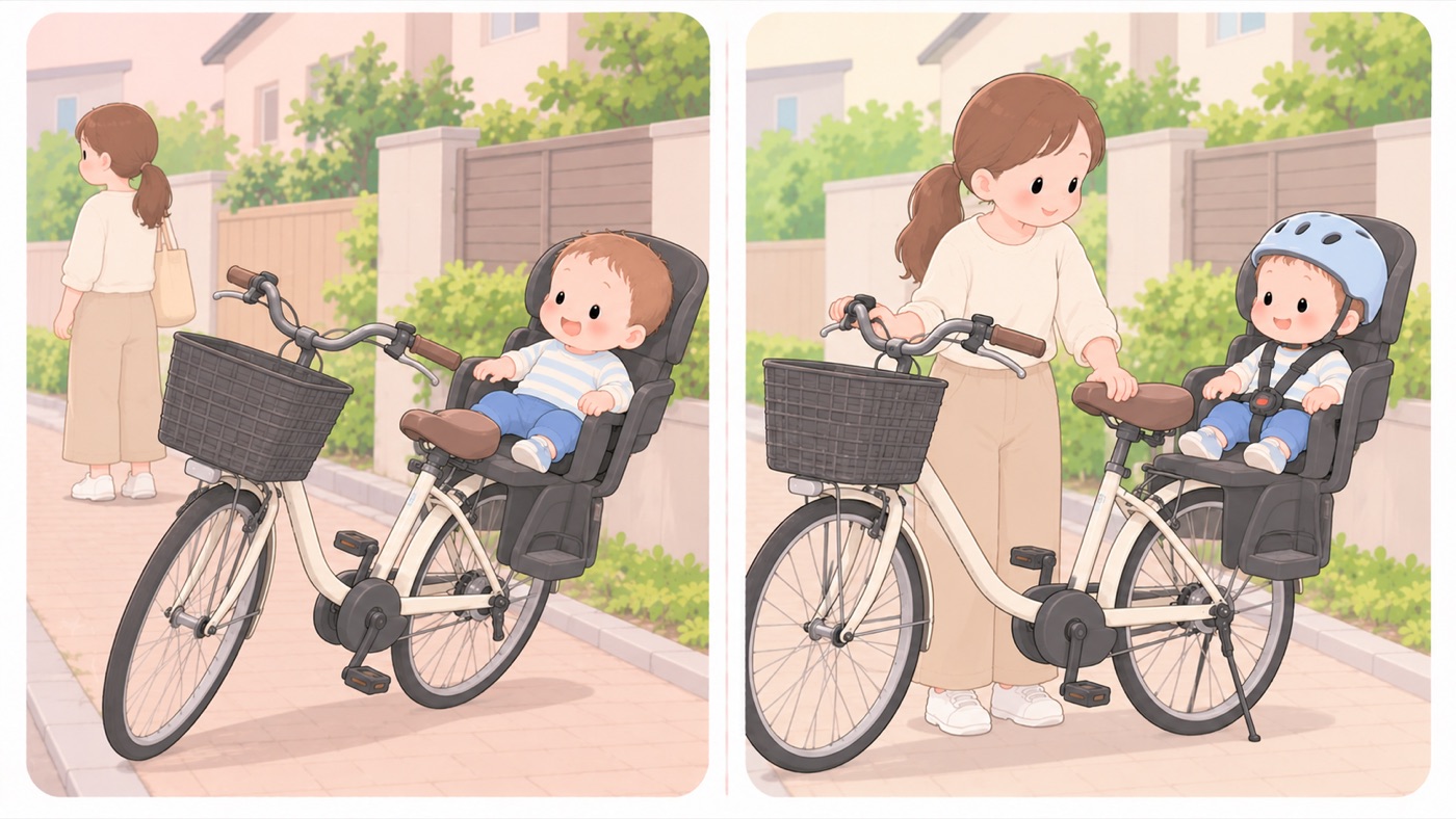 自転車の幼児用座席の比較図。左は危険な例で、子どもを座席に乗せたまま大人が自転車から離れており、ヘルメットもシートベルトもなく、自転車が横に傾きかけている。右は安全な例で、ヘルメットをあごひもまで締め、座席のハーネスも締めて、大人が自転車を両手で支えている