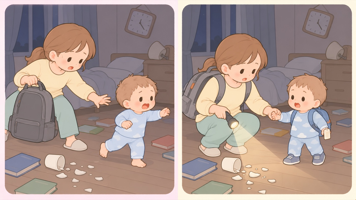 夜中の地震で1歳半の子を連れて家を出るときの比較図。どちらも夜の寝室で、床に本が散らばり、倒れたコップのかけらが落ちている。左は困る例で、子どもははだしのパジャマ姿で母親の手を離して一人で歩き出そうとしており、母親は空のリュックを持ってあわてて手を伸ばしている。右はできる例で、同じ子どもが靴をはいて小さなリュックを背負い、手首に無地の迷子札を付けていて、母親は中身の入ったリュックを背負い、懐中電灯で足もとを照らしながらしゃがんで手をつないでいる