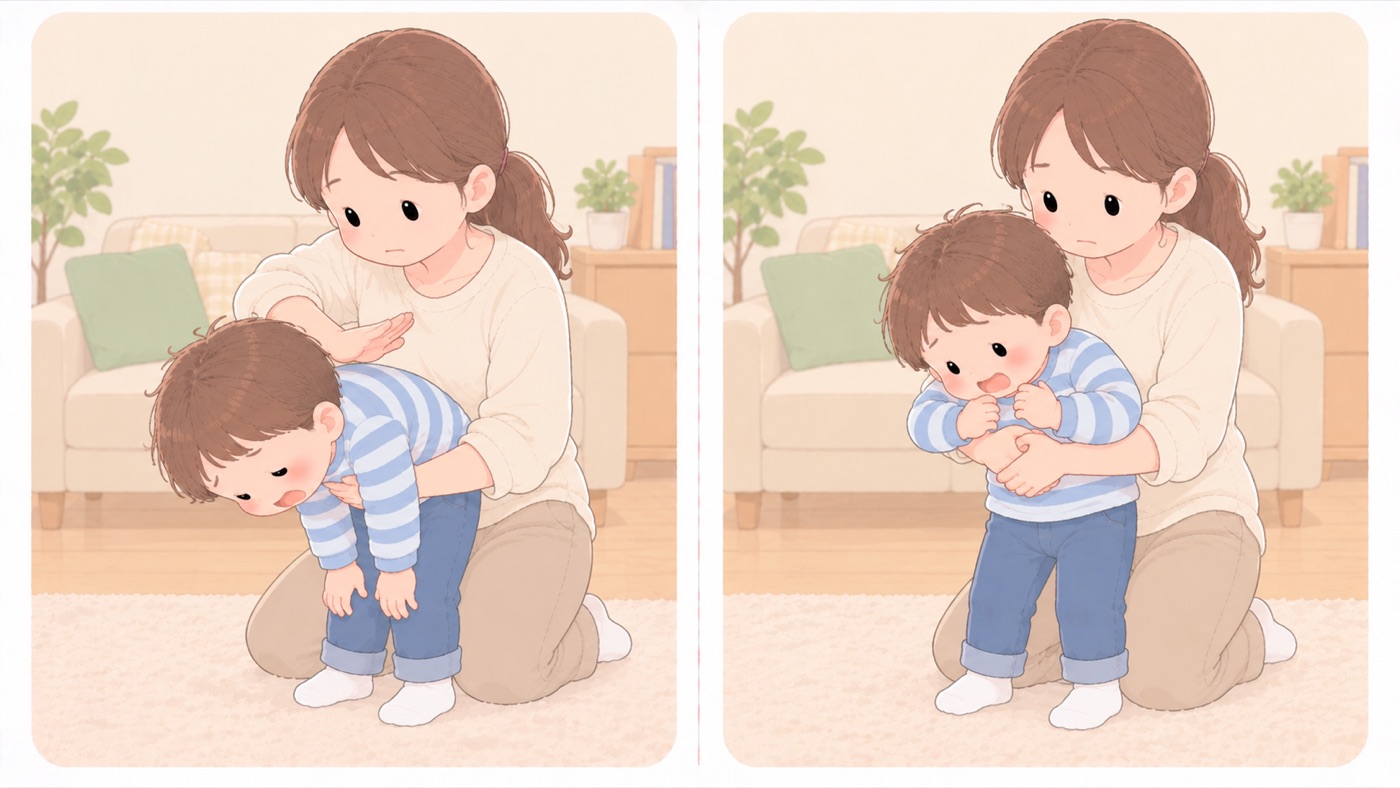 1歳以上の子がのどを詰まらせたときの手順図。左は背部叩打法で、大人が片ひざをついて子どもを前かがみにさせ、頭を胸より低くした姿勢で体を支え、もう一方の手のひらの付け根で左右の肩甲骨のあいだを叩いている。右は腹部突き上げ法で、大人が子どもの真後ろに片ひざをつき、両腕をわきの下から前へ回し、へその上で両手を組んで手前上方へ引き上げている