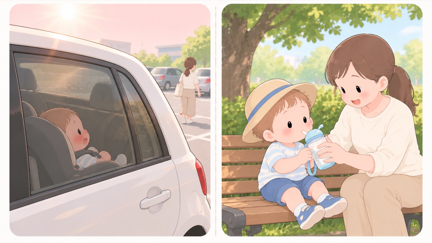 夏の比較図。左は危険な例で、真夏の駐車場で閉め切った車の中にチャイルドシートの子どもだけが残され、汗をかいている。大人は歩き去っている。右は安全な例で、木かげのベンチでつば広の帽子をかぶり、大人がストロー付きの水筒で水分を飲ませている