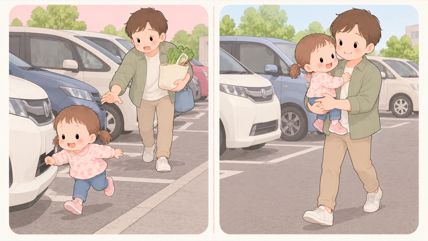 駐車場での比較図。左は危険な例で、大人が荷物を持って手を離しており、子どもが停まっている車のかげから車道へ走り出している。右は安全な例で、同じ駐車場で大人が子どもを両腕で抱き上げて歩いている