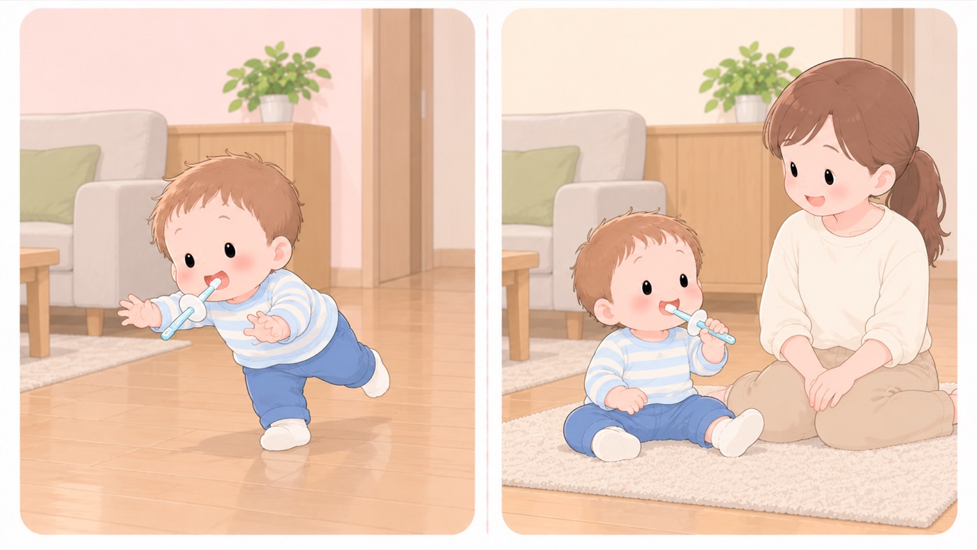 歯みがき中の姿勢の比較図。左は危険な例で、歯ブラシをくわえたまま立って歩いていて、前のめりに転びかけている。大人はそばにいない。右は安全な例で、床のマットに座り、柄に白い円盤状のストッパーが付いた歯ブラシを使い、大人がとなりに座って見ている