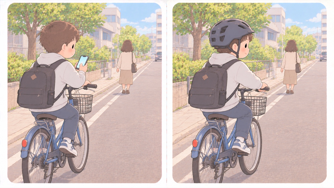 自転車の比較図。左は危険な例で、ヘルメットをかぶらず、片手にスマートフォンを持って見ながら片手運転をしており、前方の歩行者に気づいていない。右は安全な例で、スマートフォンをポケットにしまい、ヘルメットをかぶって両手でハンドルを持ち、前を見ている