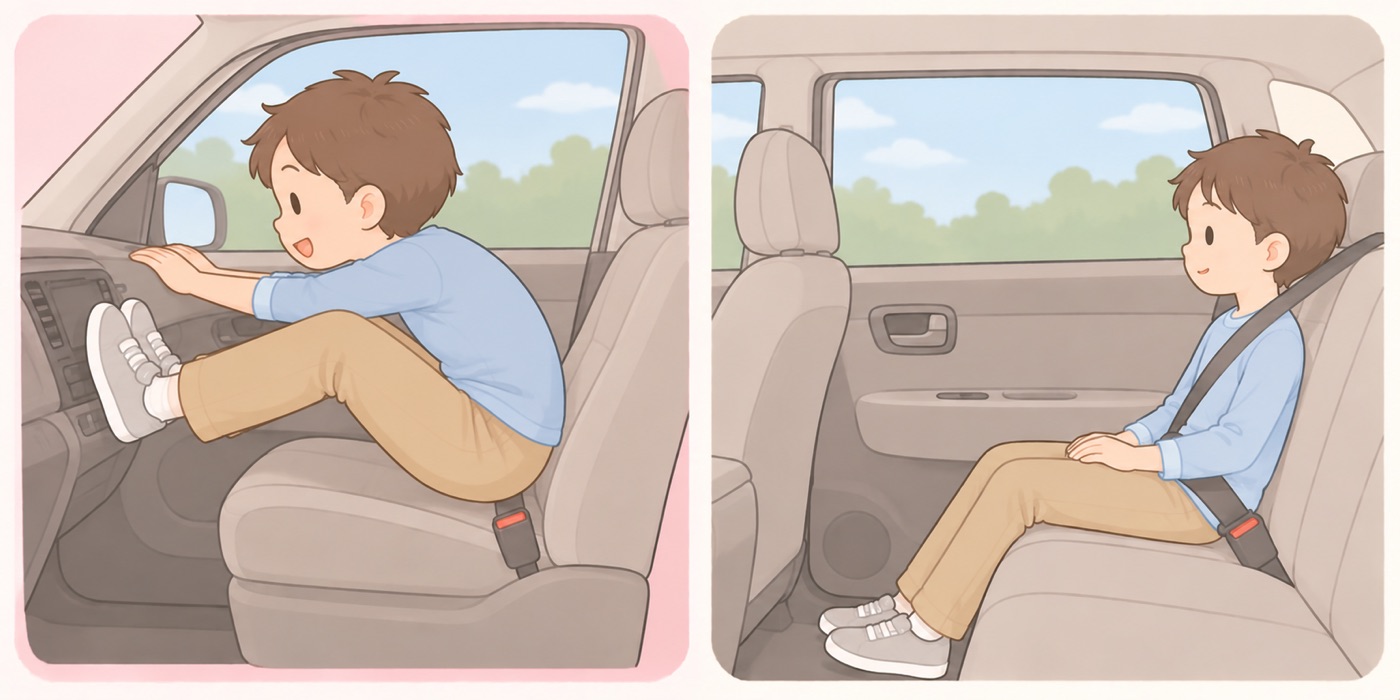 車内で座る席の比較図。左は危険な例で、助手席に座った子どもが両足をダッシュボードにかけ、前かがみになっている。ダッシュボードが体のすぐ近くにある。右は安全な例で、同じ子どもが後部座席に座り、背すじを背もたれに沿わせて、肩ベルトが肩の真ん中を通っている