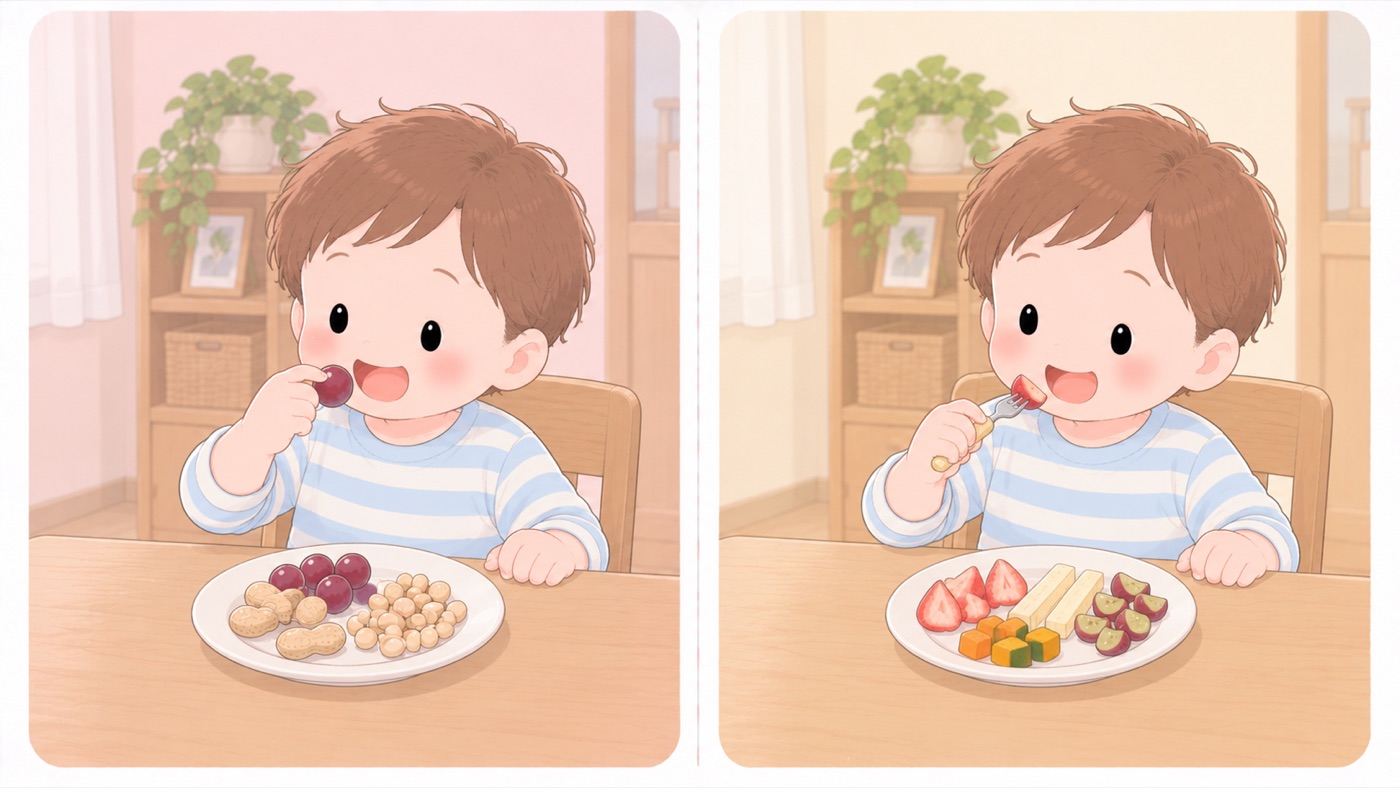 食べものの比較図。左は危険な例で、皿に殻付きのピーナッツ、いり大豆、丸ごとのぶどうがのっており、丸ごとのぶどうを指で口に運んでいる。右は安全な例で、同じ皿に、長さ方向に割った細長いバナナ、切ったぶどう、薄切りのいちご、やわらかく煮て角切りにしたにんじんとかぼちゃがのっており、フォークで食べている。豆とナッツはない