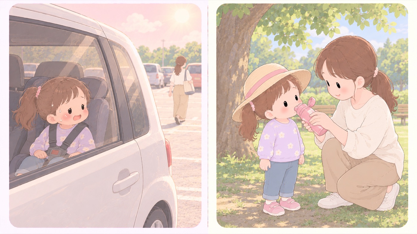 夏の比較図。左は危険な例で、真夏の駐車場に停めた閉め切った車の後部座席に子どもだけがシートベルトをしたまま残され、汗をかいている。大人は車から離れて歩き去っている。右は安全な例で、木かげでつば広の帽子をかぶった子どもに、しゃがんだ大人が水筒から水分を飲ませている