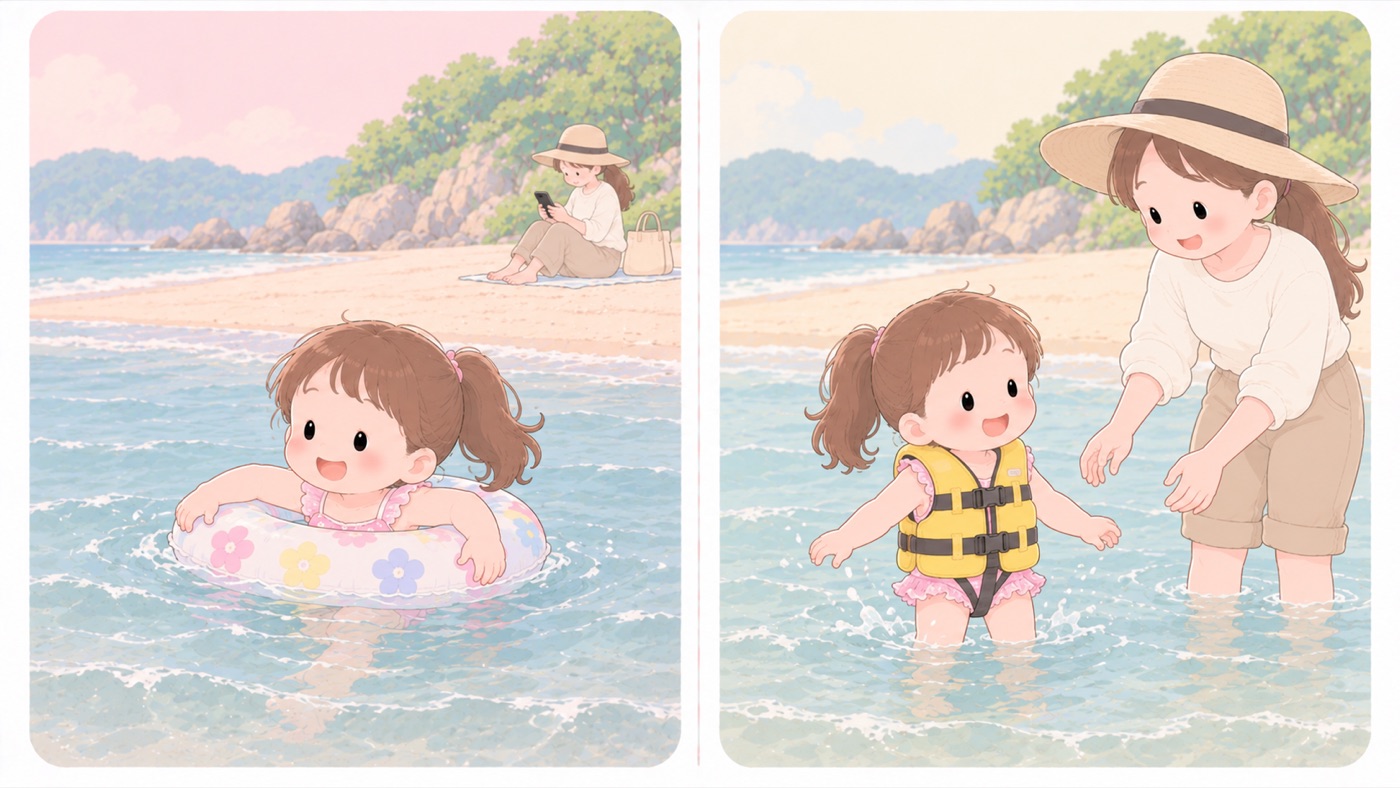 水辺での比較図。左は危険な例で、子どもが浮き輪だけで水に浮かんでおり、大人は離れた砂浜でスマートフォンを見ている。右は安全な例で、体に合ったライフジャケットを股下のベルトまで着け、大人が手の届く距離に立っている