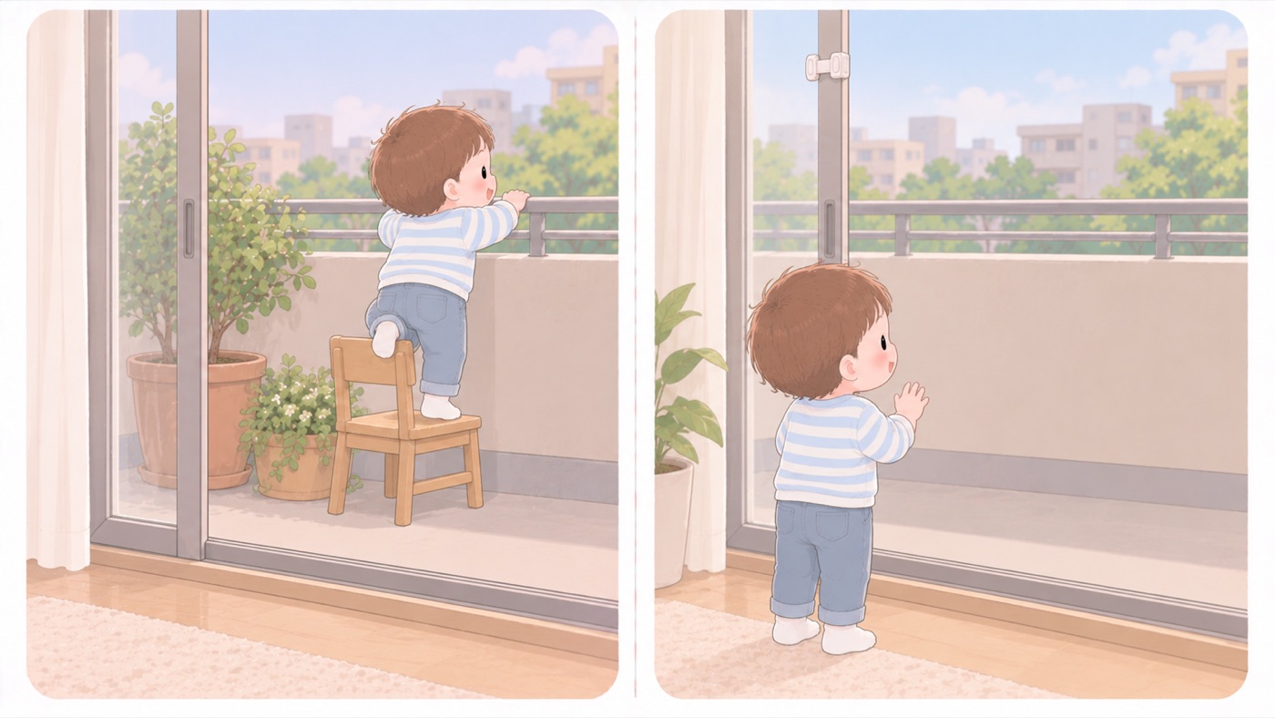 ベランダからの転落の比較図。左は危険な例で、手すりのそばに置かれた植木鉢といすを足場にして、いすに乗って手すりによじ登ろうとしている。右は安全な例で、同じベランダの手すりのそばに踏み台になるものが何もなく、窓の高い位置に補助錠が付いていて、子どもは部屋の床に立っている
