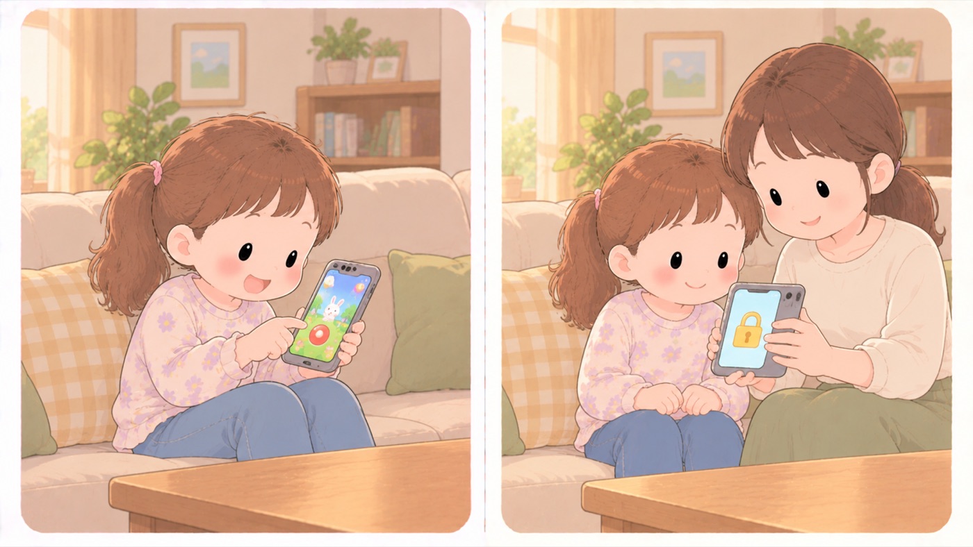オンラインゲームの課金の比較図。左は危険な例で、子どもがひとりで大人のスマートフォンを持ち、課金の購入ボタンを押そうとしている。右は安全な例で、画面に鍵のしるしが出ていて購入が止められており、大人がとなりで一緒に画面を見ている