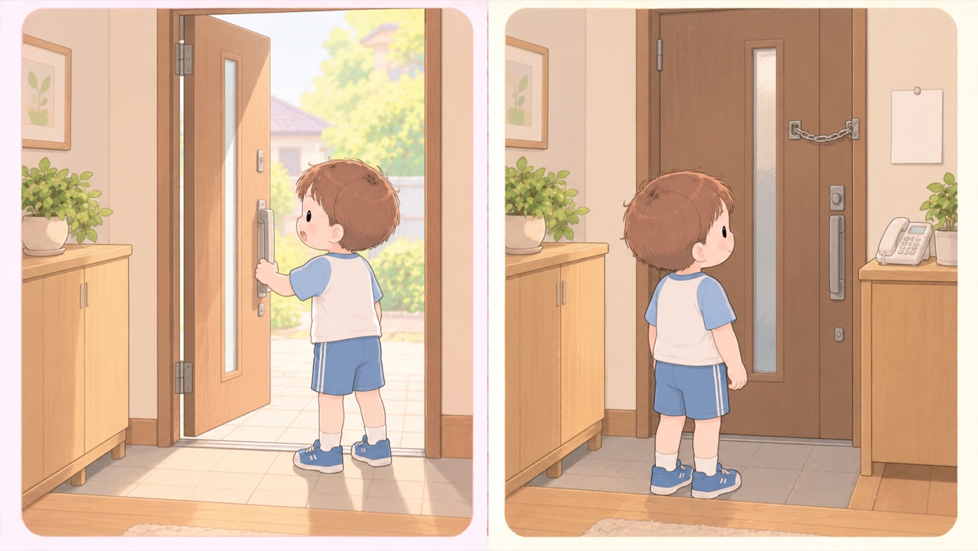 留守番中の玄関の比較図。左は危険な例で、チャイムに応じて確かめずに玄関のドアを大きく開けている。右は安全な例で、ドアは閉まったままでドアチェーンがかかっており、そばの壁に連絡先を書いたメモが貼られ、下に電話機が置かれている