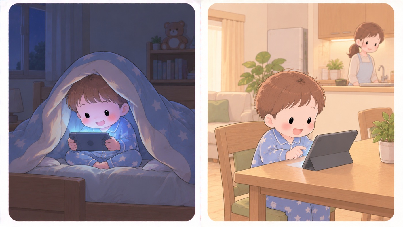 インターネットを使う場所の比較図。左は危険な例で、暗い子ども部屋でひとり、布団をかぶってゲーム機の画面を見ている。右は安全な例で、明るいリビングの食卓でタブレットを使っており、台所から大人が見える位置にいる