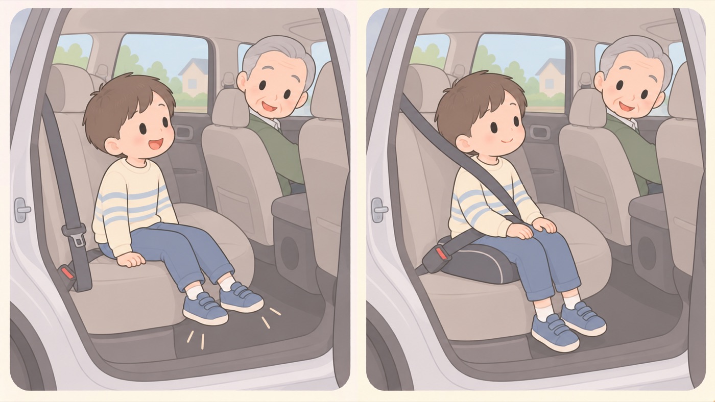 祖父母の車に乗せるときの比較図。左は昔のままの例で、子どもが後部座席に直接座っていてシートベルトを締めておらず、ベルトは座席の横に垂れ下がったまま、足が床に届いていない。運転席の祖父は振り返って笑顔で話しかけていて、ベルトに気づいていない。右はいまのきまりの例で、同じ子どもが背もたれのないジュニアシートの上に座り、座面の分だけ体の位置が高くなって、肩ベルトが肩の真ん中を、腰ベルトが腰骨の上を通っている