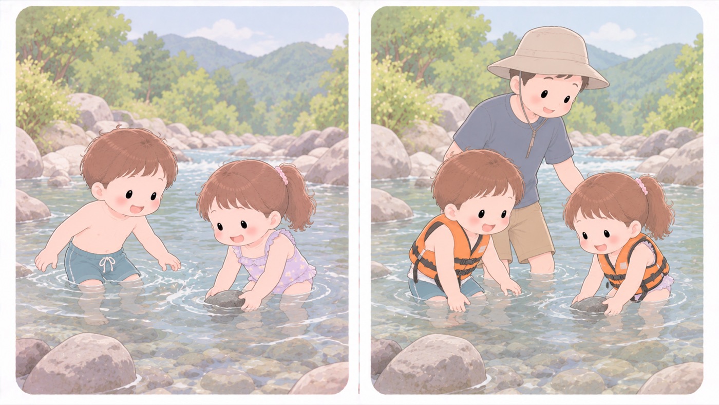 川遊びの比較図。左は危険な例で、ライフジャケットを着けずに子どもだけで流れのある川に入っている。右は安全な例で、2人ともオレンジのライフジャケットを股下ベルトまで着け、大人が付き添っている